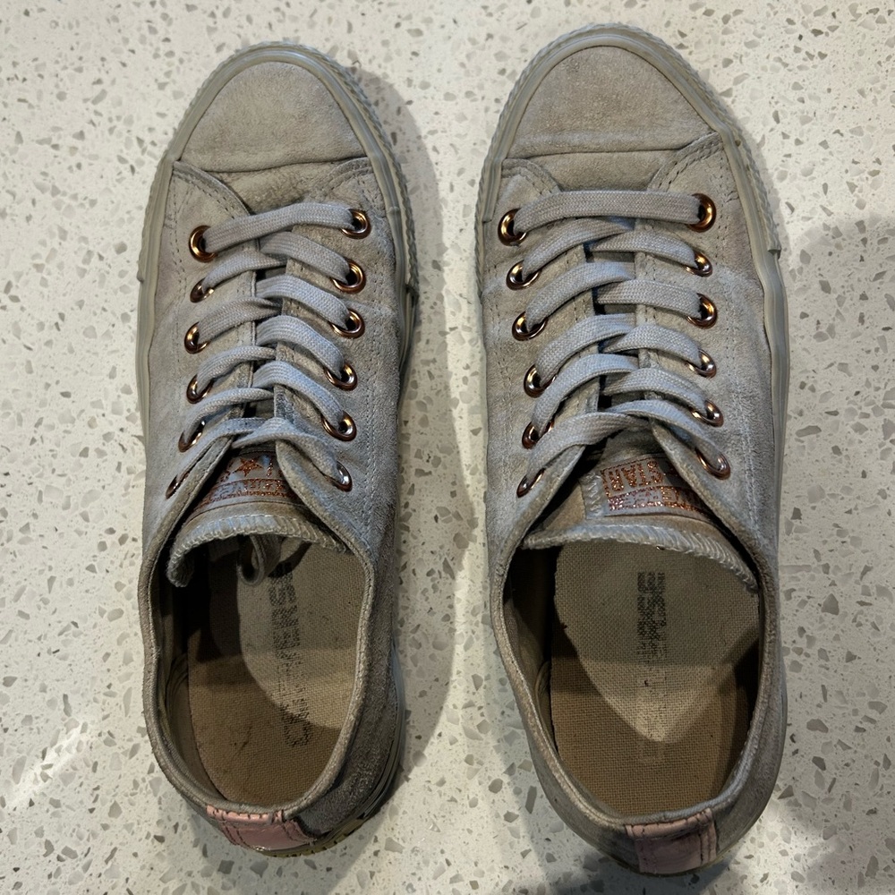 Grey suede rose gold converse shoes